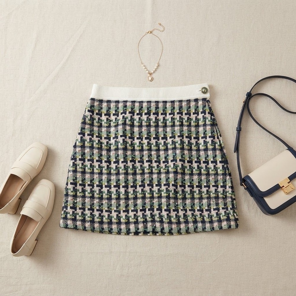 Kate Spade Tweed Mini Skirt Women 0 Navy Plaid Sequin Preppy Classic